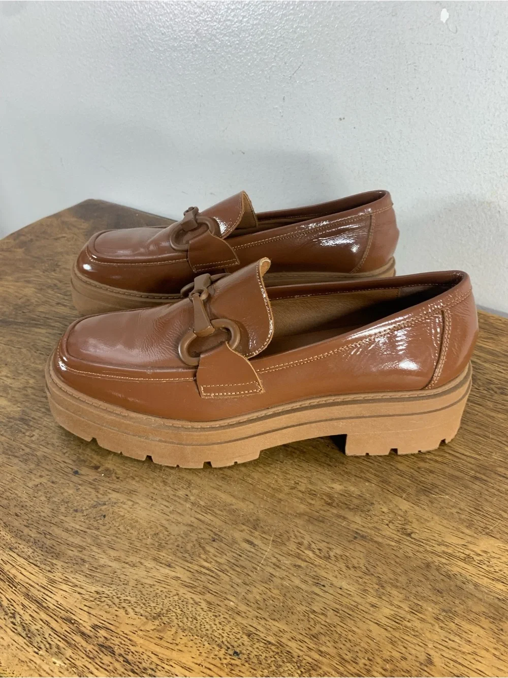 L’intervalle womens brown patent leather chunky platform horsebit loafers - Picture 1 of 8